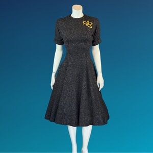 Vintage 50s 60s Fit & Flare Black Wool Tweed Full Skirt Dress / XS